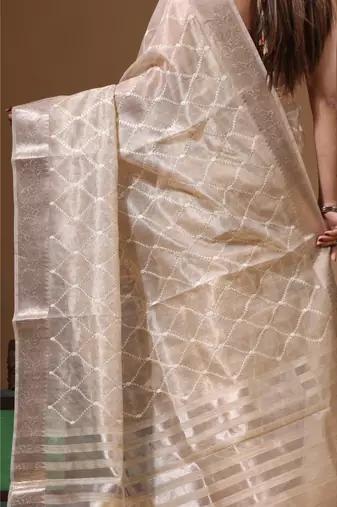 Beige tissue with computer embroidery saree with blouse piece