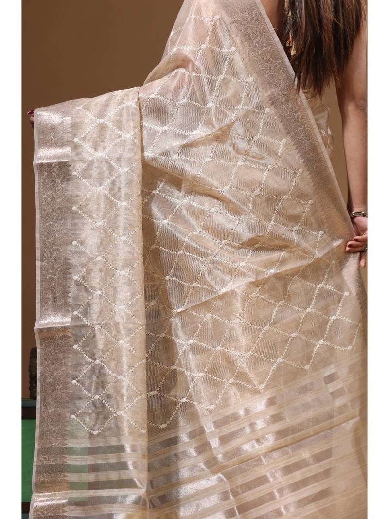 Beige tissue with computer embroidery saree with blouse piece