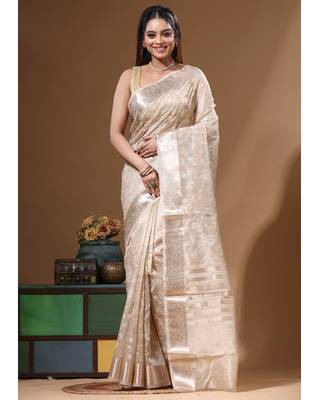 Beige tissue with computer embroidery saree with blouse piece 5