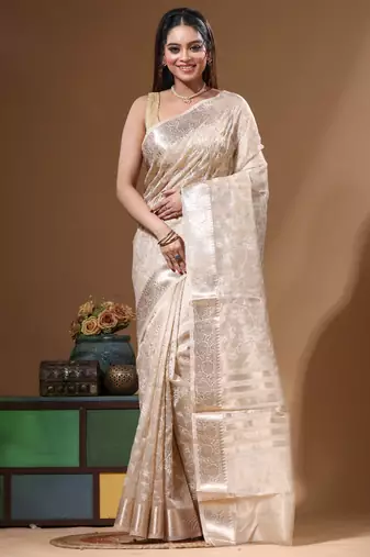 Beige tissue with computer embroidery saree with blouse piece