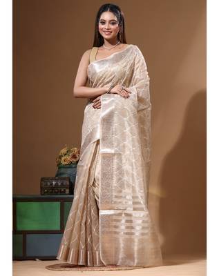 Beige tissue with computer embroidery saree with blouse piece 1