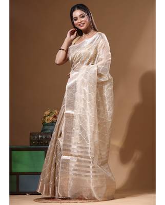 Beige tissue with computer embroidery saree with blouse piece 2
