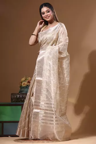 Beige tissue with computer embroidery saree with blouse piece