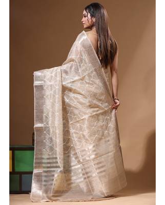Beige tissue with computer embroidery saree with blouse piece 3