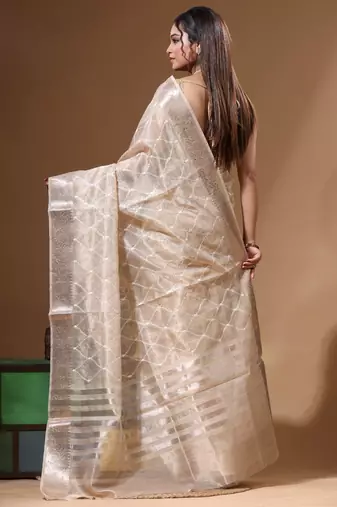 Beige tissue with computer embroidery saree with blouse piece