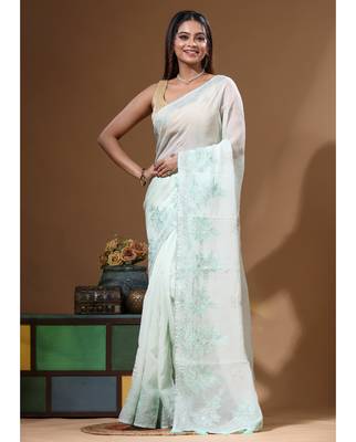 Light green viscose organza with computer embroideery saree with blouse piece 1