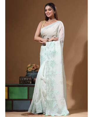 Light green viscose organza with computer embroideery saree with blouse piece 2