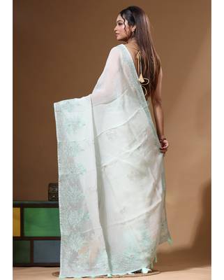 Light green viscose organza with computer embroideery saree with blouse piece 3