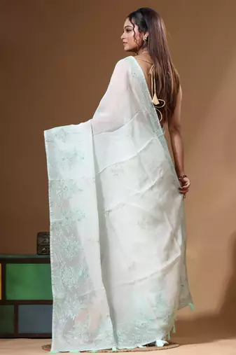 Light green viscose organza with computer embroideery saree with blouse piece