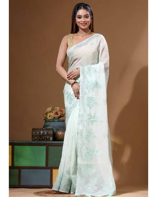 Light green viscose organza with computer embroideery saree with blouse piece 4