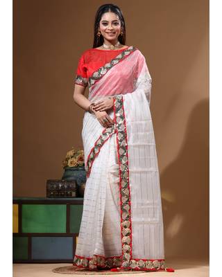 Off-white pure organza with sequence lace saree with stiched blouse 1