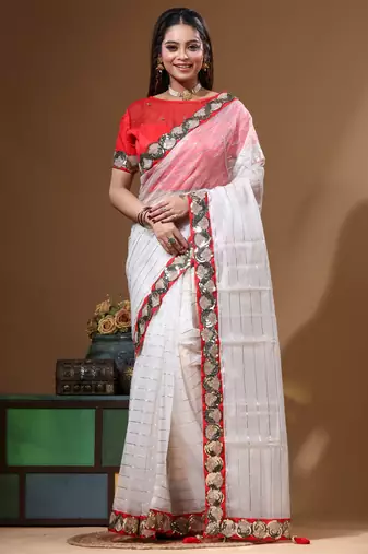 Off-white pure organza with sequence lace saree with stiched blouse