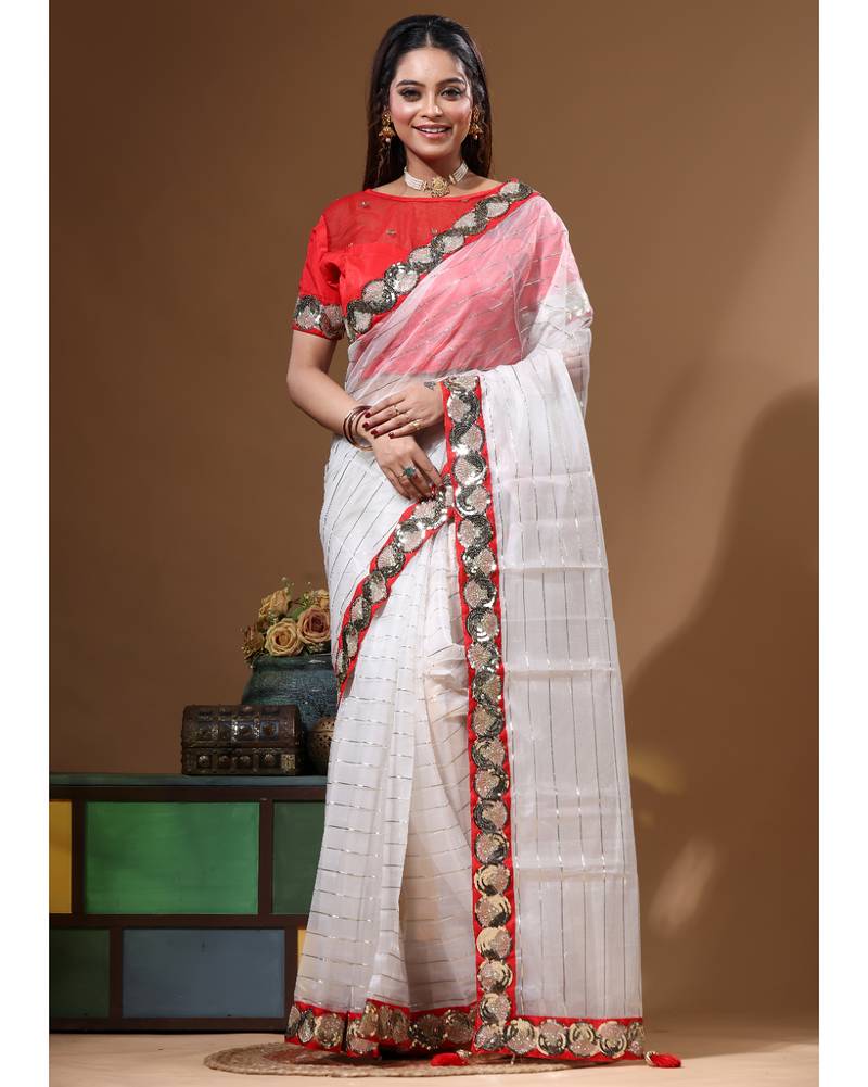 Off-white pure organza with sequence lace saree with stiched blouse