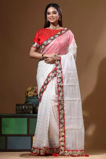 Off-white pure organza with sequence lace saree with stiched blouse