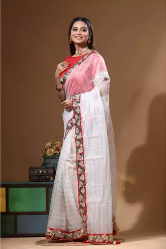 Off-white pure organza with sequence lace saree with stiched blouse