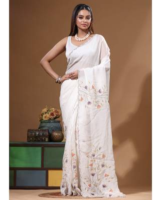 Off-white viscose organza with hand work saree with blouse piece 1