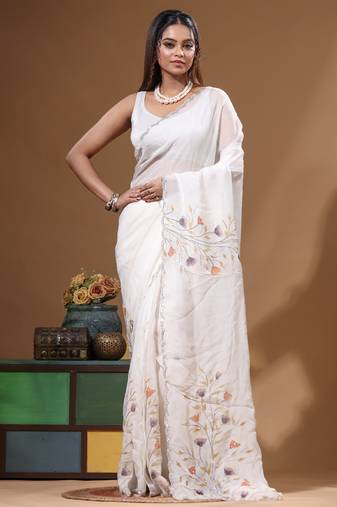 Off-white viscose organza with hand work saree with blouse piece