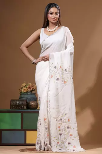 Off-white viscose organza with hand work saree with blouse piece