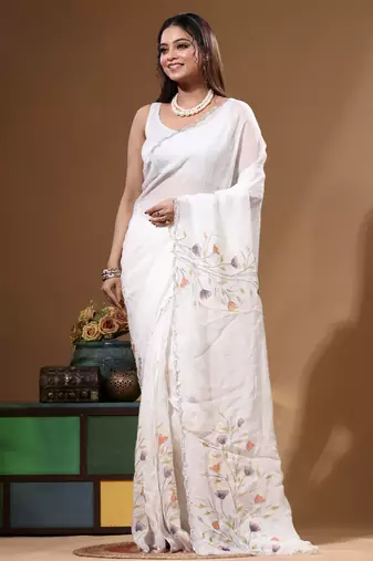 Off-white viscose organza with hand work saree with blouse piece