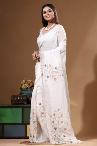 Off-white viscose organza with hand work saree with blouse piece