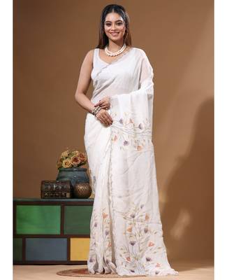 Off-white viscose organza with hand work saree with blouse piece 5
