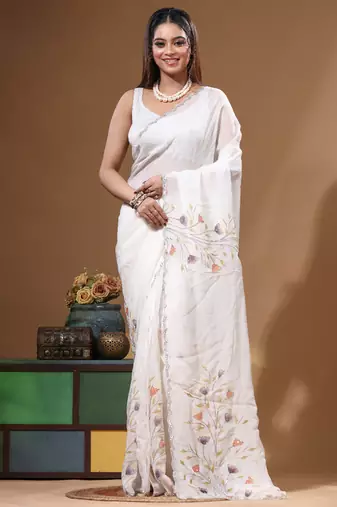 Off-white viscose organza with hand work saree with blouse piece