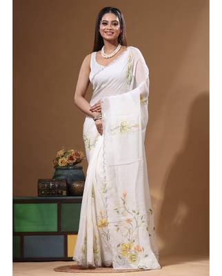 Off-white viscose organza with hand work saree with blouse piece 1