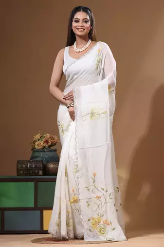 Off-white viscose organza with hand work saree with blouse piece