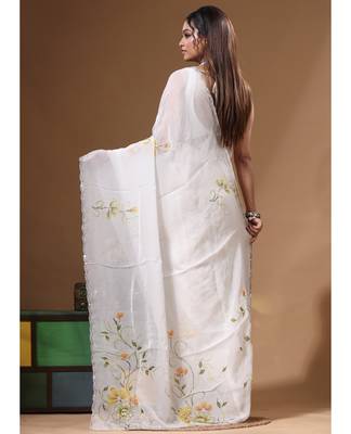 Off-white viscose organza with hand work saree with blouse piece 3