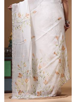 Off-white viscose organza with hand work saree with blouse piece 4