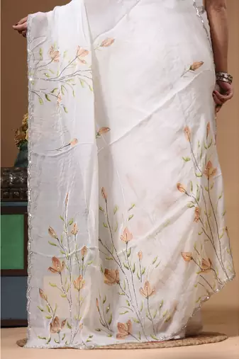 Off-white viscose organza with hand work saree with blouse piece