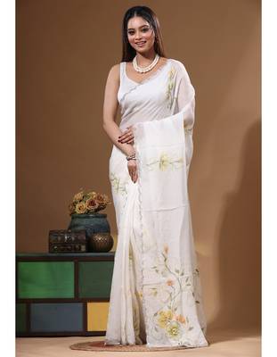 Off-white viscose organza with hand work saree with blouse piece 5