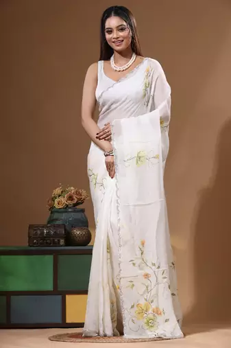 Off-white viscose organza with hand work saree with blouse piece