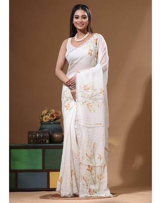 Off-white viscose organza with hand work saree with blouse piece 1