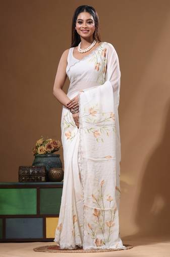 Off-white viscose organza with hand work saree with blouse piece