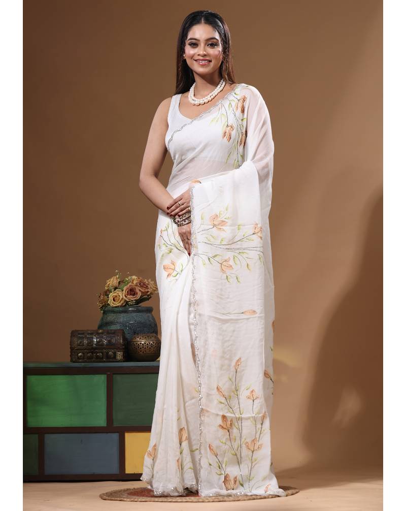 Off-white viscose organza with hand work saree with blouse piece