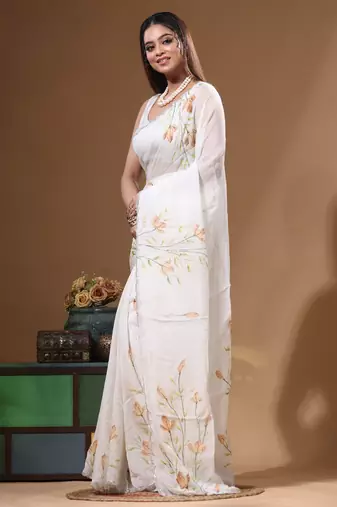 Off-white viscose organza with hand work saree with blouse piece