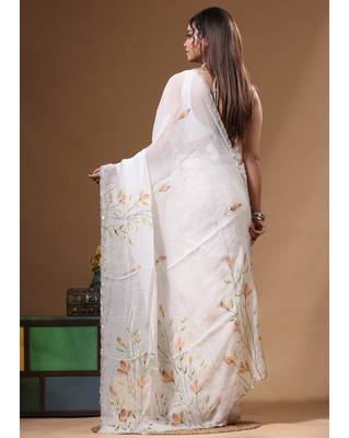 Off-white viscose organza with hand work saree with blouse piece 3