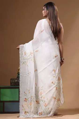Off-white viscose organza with hand work saree with blouse piece