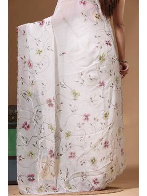 Off-white viscose organza with hand work saree with blouse piece 4