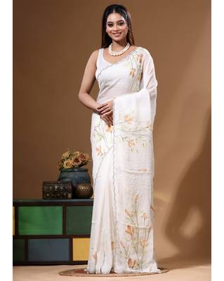 Off-white viscose organza with hand work saree with blouse piece 5