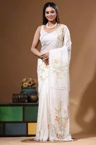 Off-white viscose organza with hand work saree with blouse piece