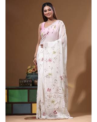 Off-white viscose organza with hand work saree with blouse piece 1