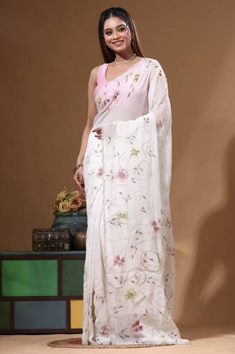 Off-white viscose organza with hand work saree with blouse piece