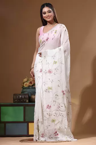Off-white viscose organza with hand work saree with blouse piece