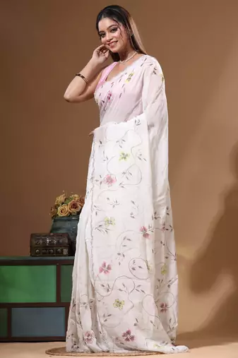 Off-white viscose organza with hand work saree with blouse piece