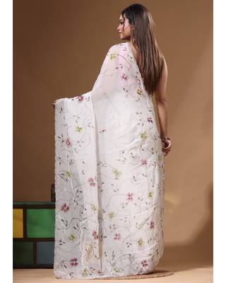 Off-white viscose organza with hand work saree with blouse piece 3