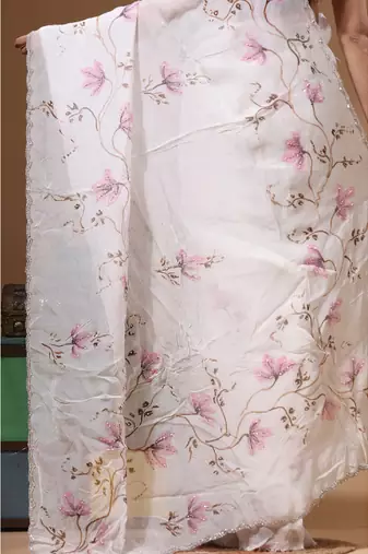 Off-white viscose organza with hand work saree with blouse piece