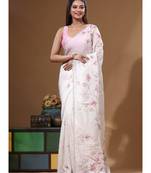 Off-white viscose organza with hand work saree with blouse piece