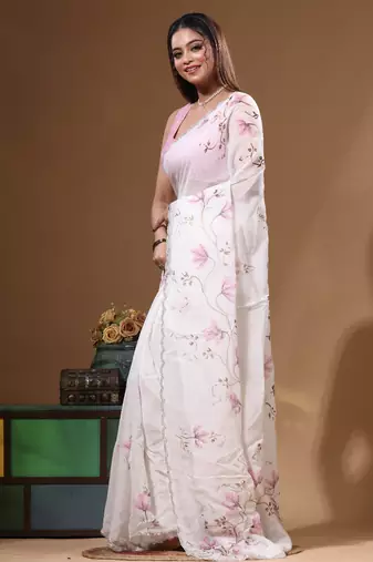 Off-white viscose organza with hand work saree with blouse piece